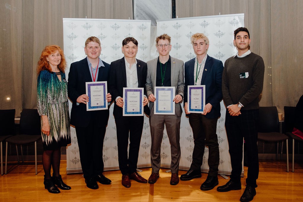 Judges and winners of the Youth Parliament 2022 Competition held by the New Zealand Business & Parliament Trust
