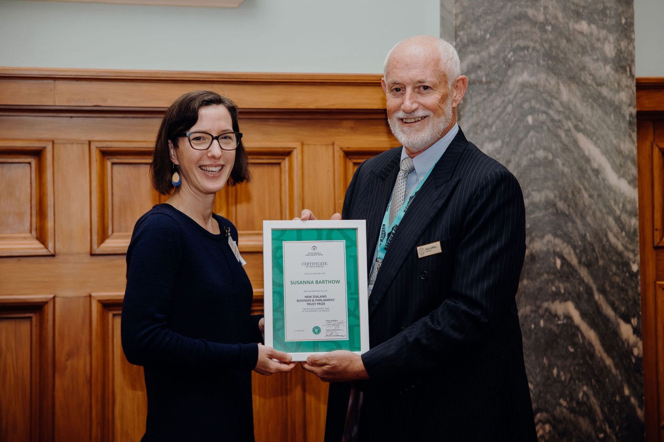 Tertiary prize winner, Susanna Barthow accepting award with Peter Griffiths, Chair of NZPT